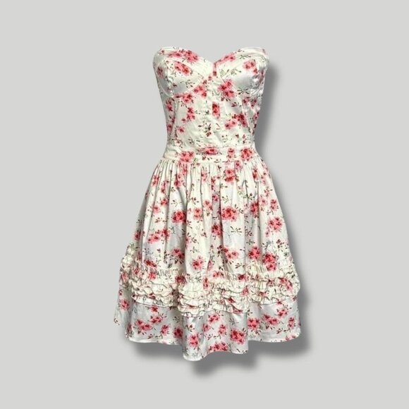 romantic ruffle pink floral strapless corset mini dress L The Man Repeller x PJK - Picture 1 of 8